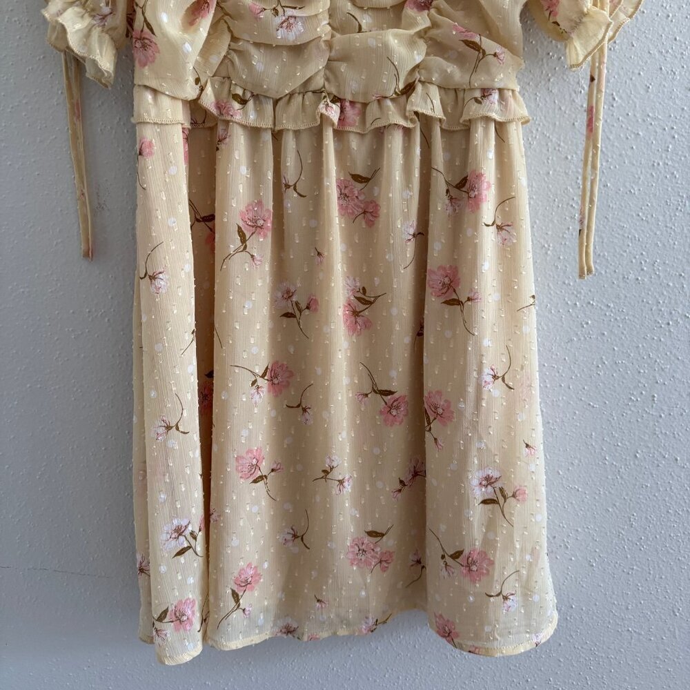 LUSH Yellow Floral Ruched Puff Sleeve Mini Dress M - Picture 3 of 5